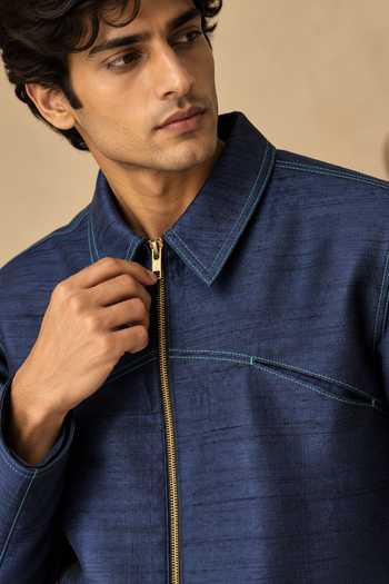 Buy Mayank Modi - Men Blue Bemberg The Iris Bomber Jacket Online at Aza Fashions Buy_Mayank Modi - Men_Blue Bemberg The Iris Bomber Jacket _Online_at_Aza_Fashions