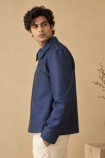Shop Mayank Modi - Men Blue Bemberg The Iris Bomber Jacket Online at Aza Fashions Shop_Mayank Modi - Men_Blue Bemberg The Iris Bomber Jacket _Online_at_Aza_Fashions