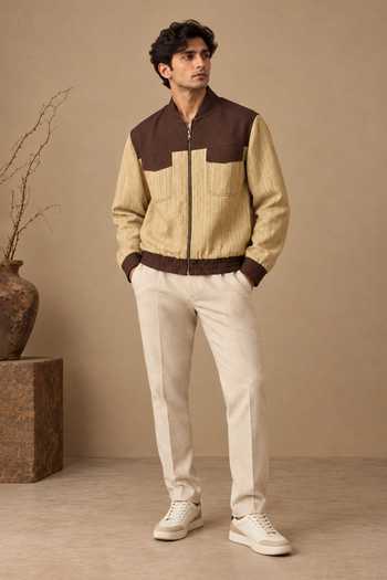 Mayank Modi - Men Beige Cotton Roasted Espresso And Oat Bomber Jacket Online at Aza Fashions Mayank Modi - Men_Beige Cotton Roasted Espresso And Oat Bomber Jacket _Online_at_Aza_Fashions