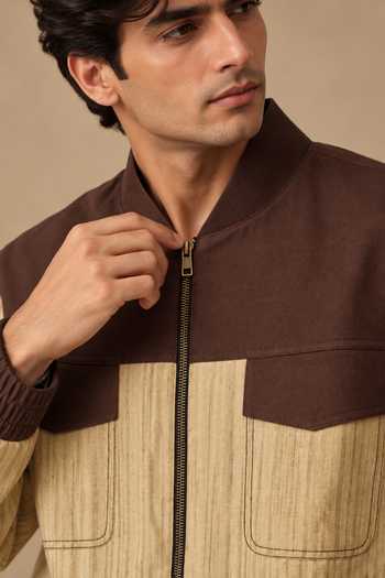 Buy Mayank Modi - Men Beige Cotton Roasted Espresso And Oat Bomber Jacket Online at Aza Fashions Buy_Mayank Modi - Men_Beige Cotton Roasted Espresso And Oat Bomber Jacket _Online_at_Aza_Fashions