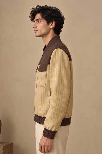 Shop Mayank Modi - Men Beige Cotton Roasted Espresso And Oat Bomber Jacket Online at Aza Fashions Shop_Mayank Modi - Men_Beige Cotton Roasted Espresso And Oat Bomber Jacket _Online_at_Aza_Fashions