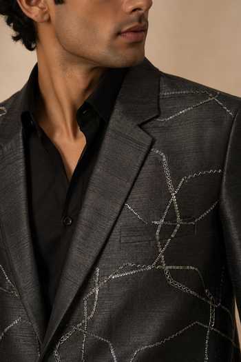 Mayank Modi - Men Black Silk, Bemberg Midnight Constellation Blazer Online at Aza Fashions Mayank Modi - Men_Black Silk, Bemberg Midnight Constellation Blazer _Online_at_Aza_Fashions