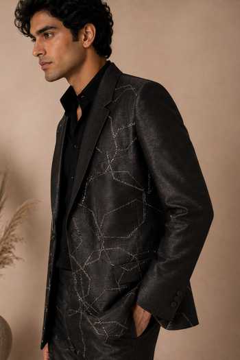 Shop Mayank Modi - Men Black Silk, Bemberg Midnight Constellation Blazer Online at Aza Fashions Shop_Mayank Modi - Men_Black Silk, Bemberg Midnight Constellation Blazer _Online_at_Aza_Fashions