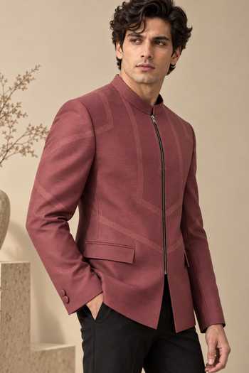 Buy_Mayank Modi - Men_Brown Silk, Cotton Rosewood Embroidered Bandhgala _Online_at_Aza_Fashions