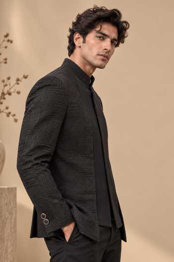 Mayank Modi - Men Black Silk, Chanderi, Bemberg Embroidery The Midnight Shadow Bandhgala Online at Aza Fashions Mayank Modi - Men_Black Silk, Chanderi, Bemberg Embroidery The Midnight Shadow Bandhgala _Online_at_Aza_Fashions