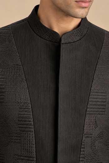 Buy Mayank Modi - Men Black Silk, Chanderi, Bemberg Embroidery The Midnight Shadow Bandhgala Online at Aza Fashions Buy_Mayank Modi - Men_Black Silk, Chanderi, Bemberg Embroidery The Midnight Shadow Bandhgala _Online_at_Aza_Fashions