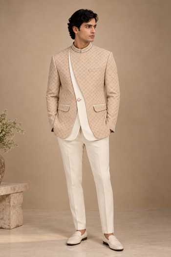 Mayank Modi - Men Beige Chanderi Embroidery, Zari, Piping Bandhgala Online at Aza Fashions Mayank Modi - Men_Beige Chanderi Embroidery, Zari, Piping Bandhgala _Online_at_Aza_Fashions