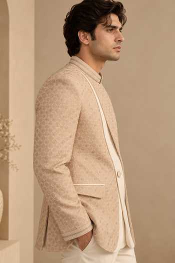 Buy Mayank Modi - Men Beige Chanderi Embroidery, Zari, Piping Bandhgala Online at Aza Fashions Buy_Mayank Modi - Men_Beige Chanderi Embroidery, Zari, Piping Bandhgala _Online_at_Aza_Fashions