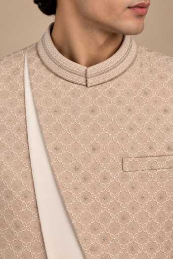 Shop Mayank Modi - Men Beige Chanderi Embroidery, Zari, Piping Bandhgala Online at Aza Fashions Shop_Mayank Modi - Men_Beige Chanderi Embroidery, Zari, Piping Bandhgala _Online_at_Aza_Fashions