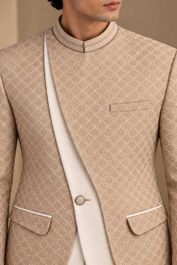 Mayank Modi - Men Beige Chanderi Embroidery, Zari, Piping Bandhgala at Aza Fashions Mayank Modi - Men_Beige Chanderi Embroidery, Zari, Piping Bandhgala _at_Aza_Fashions
