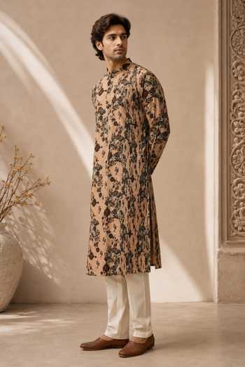 Mayank Modi - Men Toasted Almond Flora Print Kurta Set