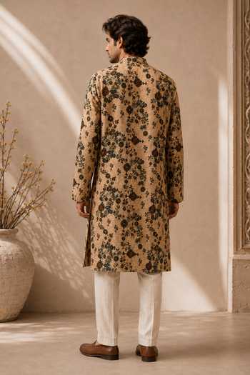 Mayank Modi - Men Toasted Almond Flora Print Kurta Set