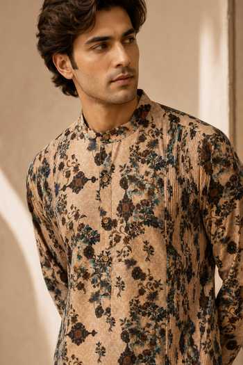 Buy_Mayank Modi - Men_Beige Chanderi Toasted Almond Flora Print Kurta Set _Online_at_Aza_Fashions