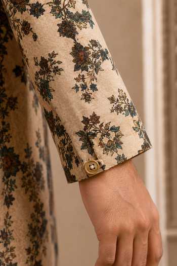 Shop_Mayank Modi - Men_Beige Chanderi Toasted Almond Flora Print Kurta Set _Online_at_Aza_Fashions
