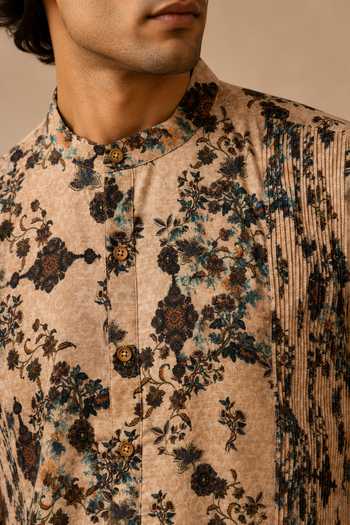 Mayank Modi - Men_Beige Chanderi Toasted Almond Flora Print Kurta Set _at_Aza_Fashions