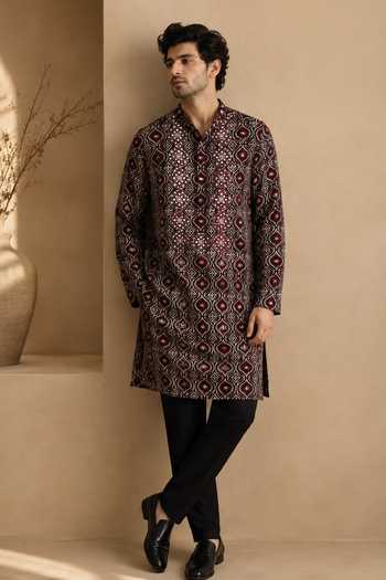 Mayank Modi - Men Black Truffle & Spiced Plum Printed Kurta Set