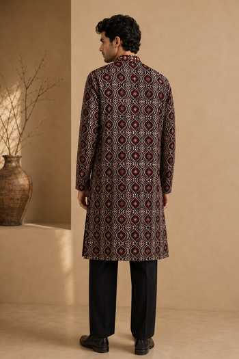 Mayank Modi - Men Black Truffle & Spiced Plum Printed Kurta Set
