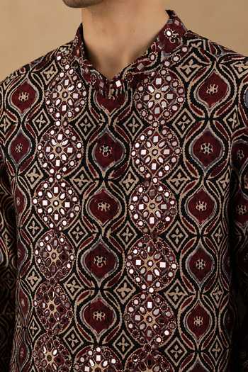 Mayank Modi - Men_Black Cotton Truffle And Spiced Plum Printed Kurta Set _Online_at_Aza_Fashions