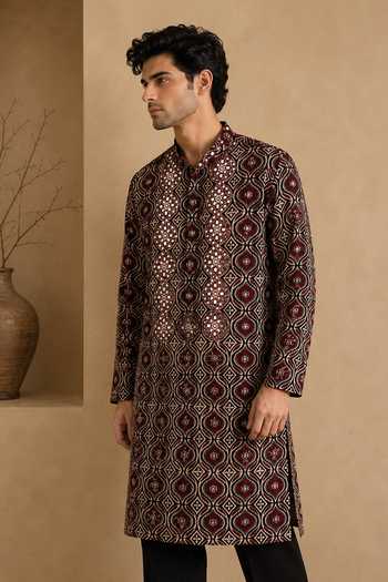 Shop_Mayank Modi - Men_Black Cotton Truffle And Spiced Plum Printed Kurta Set _Online_at_Aza_Fashions