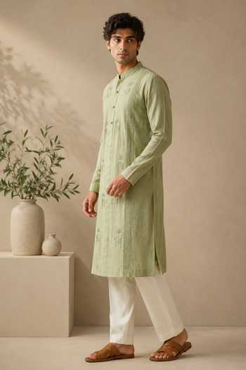 Buy Mayank Modi - Men Green Linen Matcha And Wild Meadow Embroidered Kurta Set Online at Aza Fashions Buy_Mayank Modi - Men_Green Linen Matcha And Wild Meadow Embroidered Kurta Set _Online_at_Aza_Fashions