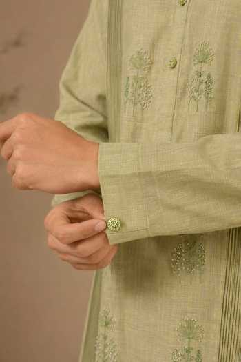 Shop Mayank Modi - Men Green Linen Matcha And Wild Meadow Embroidered Kurta Set Online at Aza Fashions Shop_Mayank Modi - Men_Green Linen Matcha And Wild Meadow Embroidered Kurta Set _Online_at_Aza_Fashions