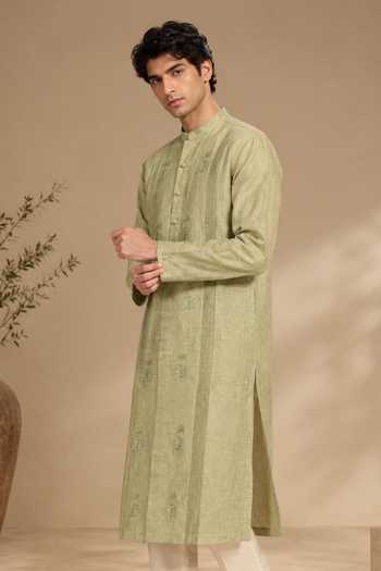 Buy Mayank Modi - Men Green Linen Matcha And Wild Meadow Embroidered Kurta Set Buy_Mayank Modi - Men_Green Linen Matcha And Wild Meadow Embroidered Kurta Set