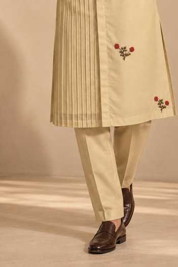 Mayank Modi - Men_Beige Silk, Cotton Sandalwood Blossom Embroidered Kurta Set _Online_at_Aza_Fashions