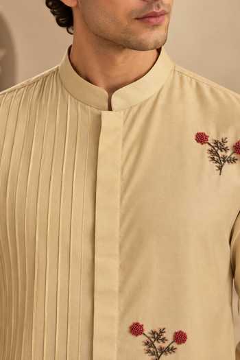 Buy_Mayank Modi - Men_Beige Silk, Cotton Sandalwood Blossom Embroidered Kurta Set _Online_at_Aza_Fashions