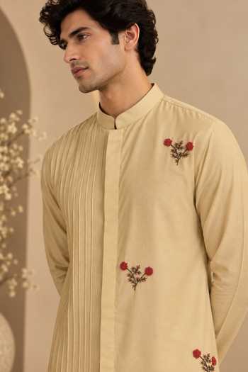 Shop_Mayank Modi - Men_Beige Silk, Cotton Sandalwood Blossom Embroidered Kurta Set _Online_at_Aza_Fashions