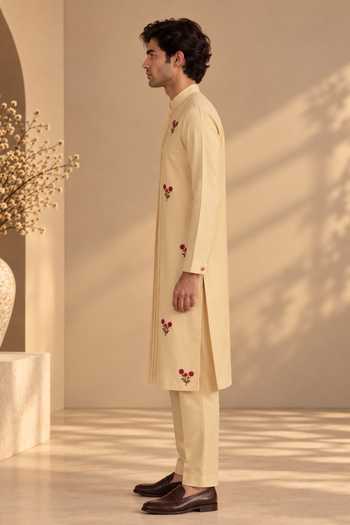 Mayank Modi - Men_Beige Silk, Cotton Sandalwood Blossom Embroidered Kurta Set _at_Aza_Fashions