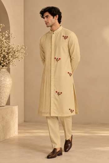 Buy_Mayank Modi - Men_Beige Silk, Cotton Sandalwood Blossom Embroidered Kurta Set 