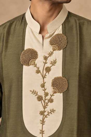 Buy_Mayank Modi - Men_Beige Cotton, Silk Embroidered Kurta Set _Online_at_Aza_Fashions