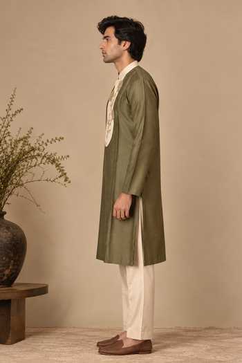 Shop_Mayank Modi - Men_Beige Cotton, Silk Embroidered Kurta Set _Online_at_Aza_Fashions