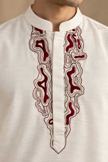Mayank Modi - Men Ivory Silk, Bemberg The Cream And Spiced Cherry Kurta Set Online at Aza Fashions Mayank Modi - Men_Ivory Silk, Bemberg The Cream And Spiced Cherry Kurta Set _Online_at_Aza_Fashions