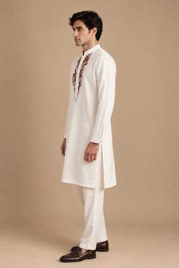 Shop Mayank Modi - Men Ivory Silk, Bemberg The Cream And Spiced Cherry Kurta Set Online at Aza Fashions Shop_Mayank Modi - Men_Ivory Silk, Bemberg The Cream And Spiced Cherry Kurta Set _Online_at_Aza_Fashions