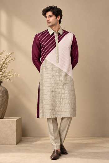 Mayank Modi - Men Plum & Rose Colorblock Kurta Set