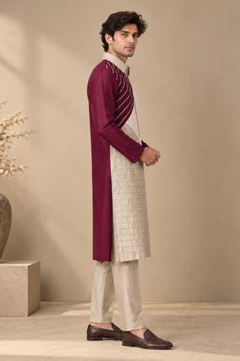 Buy_Mayank Modi - Men_Pink Silk, Bemberg Plum And Rose Colorblock Kurta Set _Online_at_Aza_Fashions