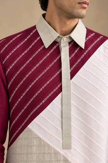 Shop_Mayank Modi - Men_Pink Silk, Bemberg Plum And Rose Colorblock Kurta Set _Online_at_Aza_Fashions