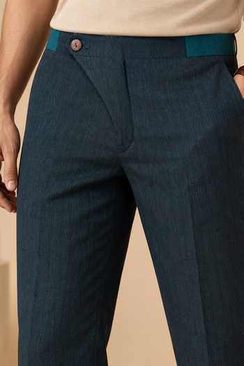 Shop Mayank Modi - Men Navy Linen The Peacock Trouser Online at Aza Fashions Shop_Mayank Modi - Men_Navy Linen The Peacock Trouser _Online_at_Aza_Fashions
