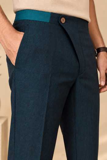 Mayank Modi - Men Navy Linen The Peacock Trouser at Aza Fashions Mayank Modi - Men_Navy Linen The Peacock Trouser _at_Aza_Fashions