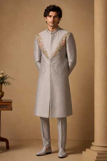 Mayank Modi - Men Muted Platinum & Peach Blossom Sherwani Set
