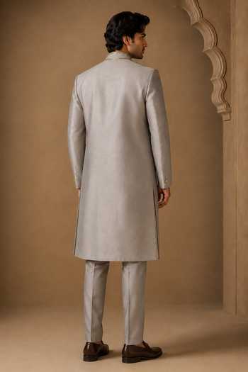 Mayank Modi - Men Muted Platinum & Peach Blossom Sherwani Set