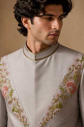 Mayank Modi - Men Silver Silk, Cotton Muted Platinum And Peach Blossom Sherwani Set Online at Aza Fashions Mayank Modi - Men_Silver Silk, Cotton Muted Platinum And Peach Blossom Sherwani Set _Online_at_Aza_Fashions
