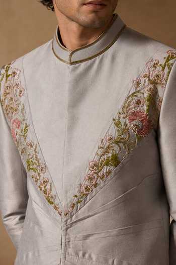 Buy Mayank Modi - Men Silver Silk, Cotton Muted Platinum And Peach Blossom Sherwani Set Online at Aza Fashions Buy_Mayank Modi - Men_Silver Silk, Cotton Muted Platinum And Peach Blossom Sherwani Set _Online_at_Aza_Fashions