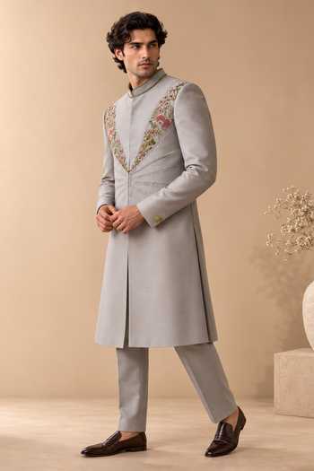 Shop Mayank Modi - Men Silver Silk, Cotton Muted Platinum And Peach Blossom Sherwani Set Online at Aza Fashions Shop_Mayank Modi - Men_Silver Silk, Cotton Muted Platinum And Peach Blossom Sherwani Set _Online_at_Aza_Fashions