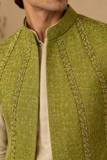 Mayank Modi - Men Green Silk, Jacquard Sweet Lime Woven Nehru Jacket Online at Aza Fashions Mayank Modi - Men_Green Silk, Jacquard Sweet Lime Woven Nehru Jacket _Online_at_Aza_Fashions
