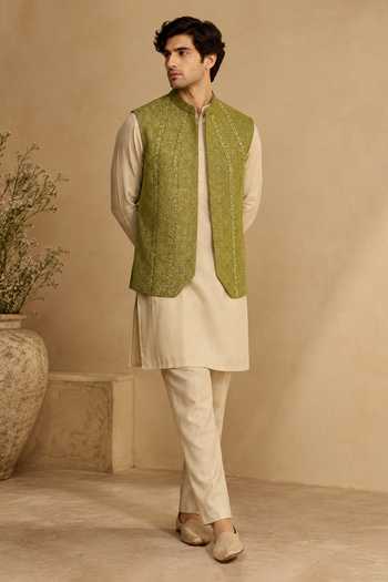 Shop Mayank Modi - Men Green Silk, Jacquard Sweet Lime Woven Nehru Jacket Online at Aza Fashions Shop_Mayank Modi - Men_Green Silk, Jacquard Sweet Lime Woven Nehru Jacket _Online_at_Aza_Fashions