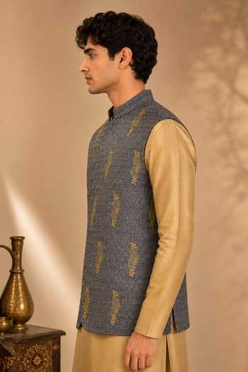 Shop Mayank Modi - Men Blue Linen The Sapphire Limoncello Embroidered Nehru Jacket Online at Aza Fashions Shop_Mayank Modi - Men_Blue Linen The Sapphire Limoncello Embroidered Nehru Jacket _Online_at_Aza_Fashions