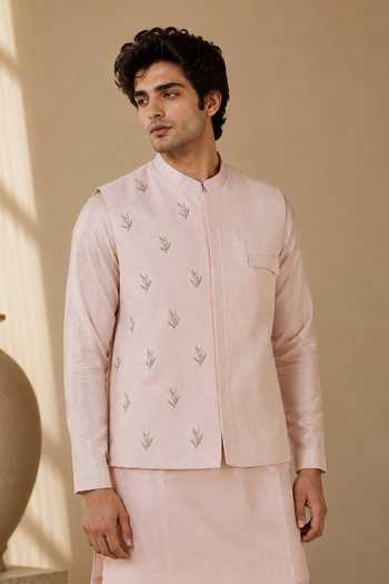 Mayank Modi - Men The Rose & Silver Sprig Embroidered Nehru Jacket