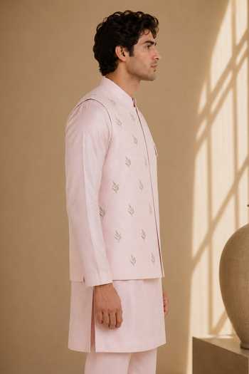 Mayank Modi - Men Pink Silk, Bemberg The Rose And Silver Sprig Embroidered Nehru Jacket Online at Aza Fashions Mayank Modi - Men_Pink Silk, Bemberg The Rose And Silver Sprig Embroidered Nehru Jacket _Online_at_Aza_Fashions